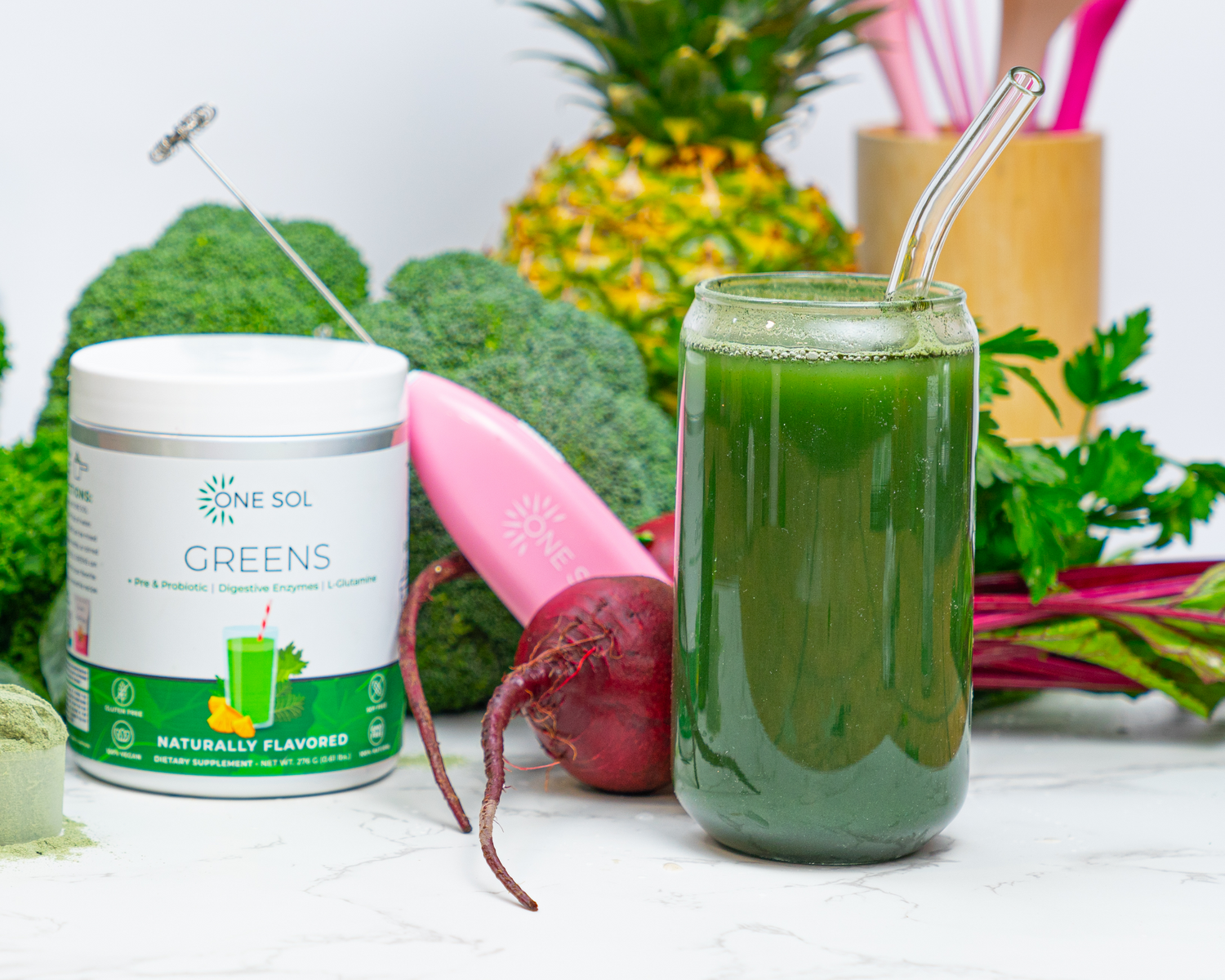 One Sol Greens, Super Greens Powder to Reduce Bloating & Improve Gut Health, Superfood Fresh Bloom Organic Greens Blend Juice & Smoothie Mix, Pre 